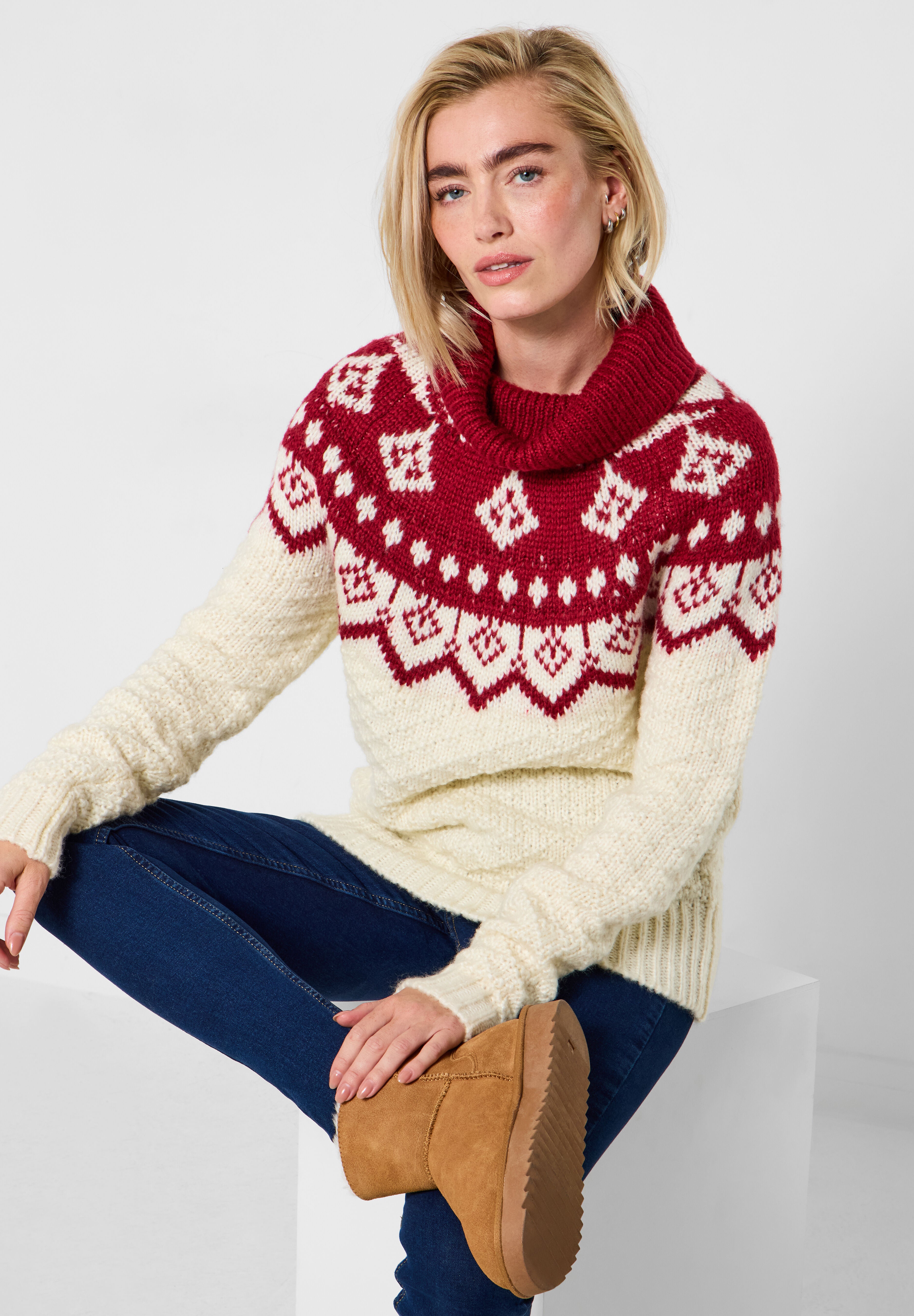 Festive Cowlneck Sweater, RED MEGA FAIRISLE, hi-res image number 0