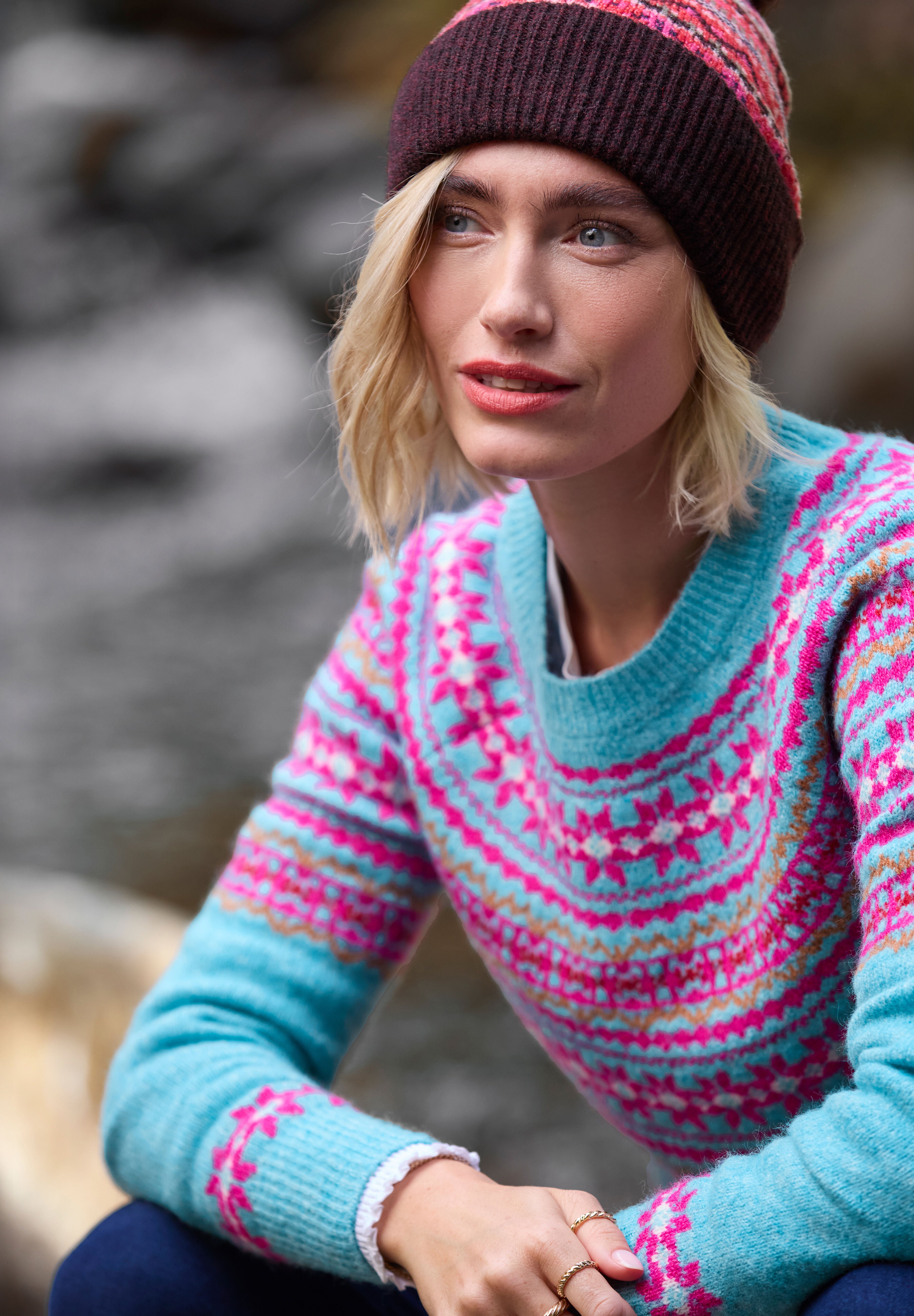 Fair Isle Rib Trim Crewneck Pullover, BLUE FAIRISLE, alternate image number 6