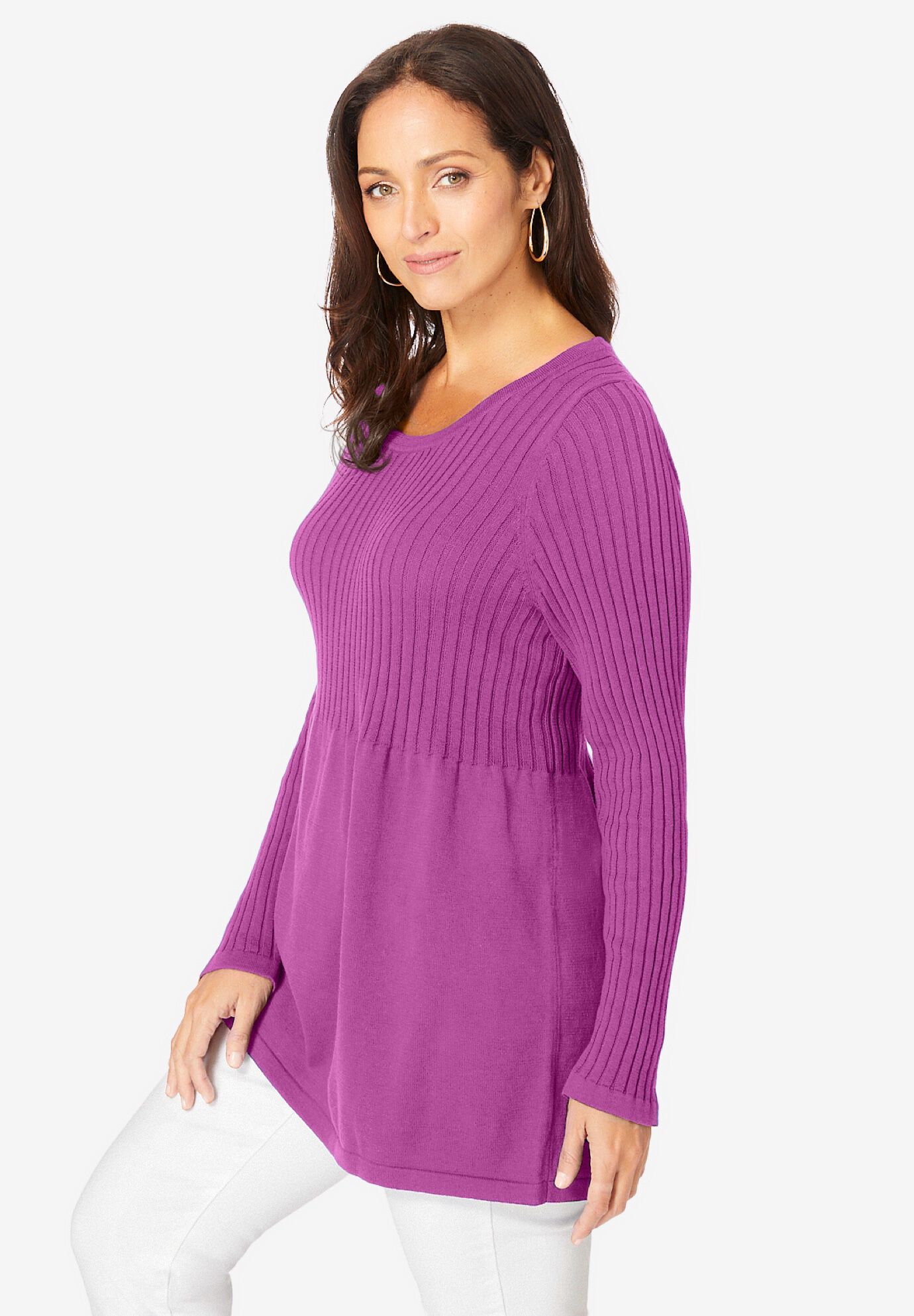 Ribbed Baby Doll Tunic Sweater, DEEP ORCHID, alternate image number 2