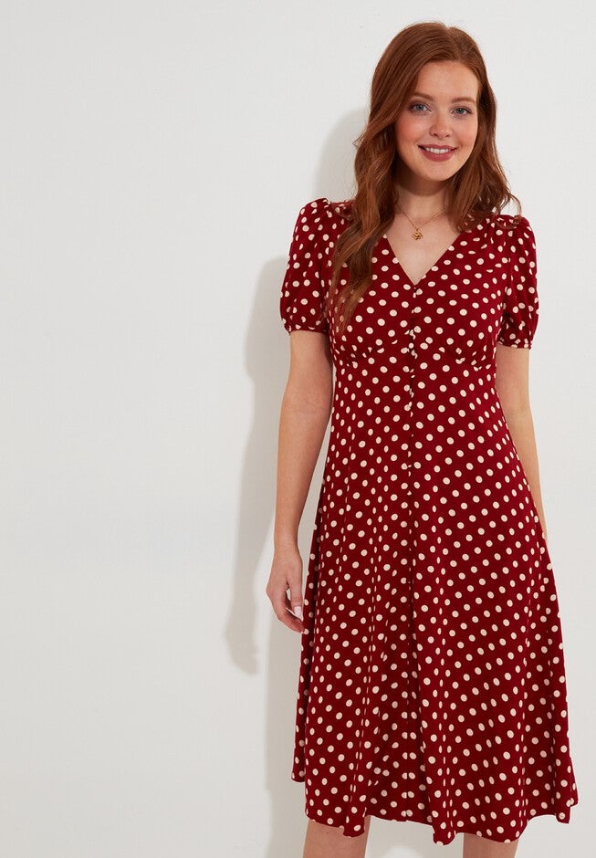 Retro Button-Front Knee-Length Dress, RETRO DOT, hi-res image number null