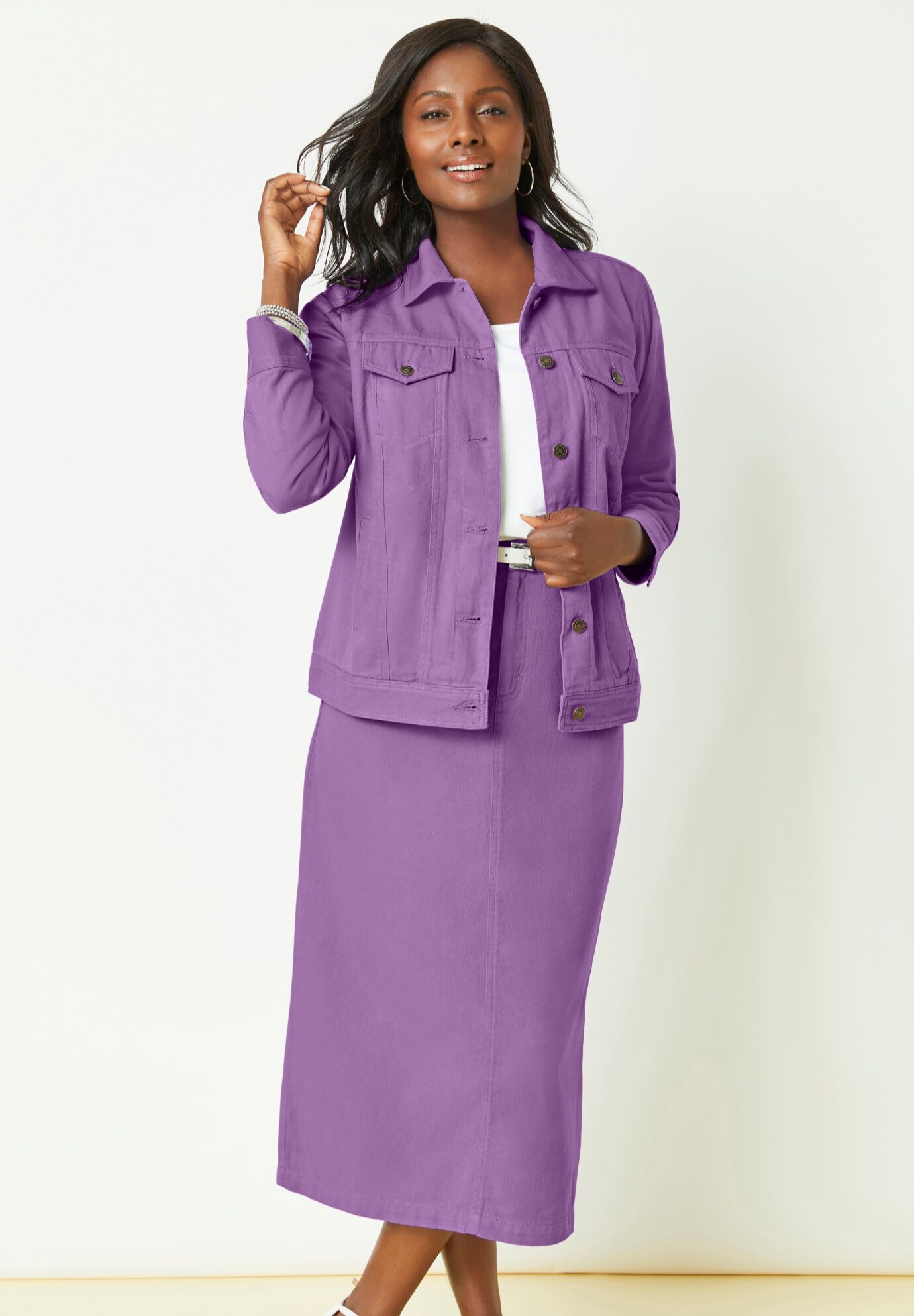 Classic Cotton Denim Midi Skirt, , alternate image number 4