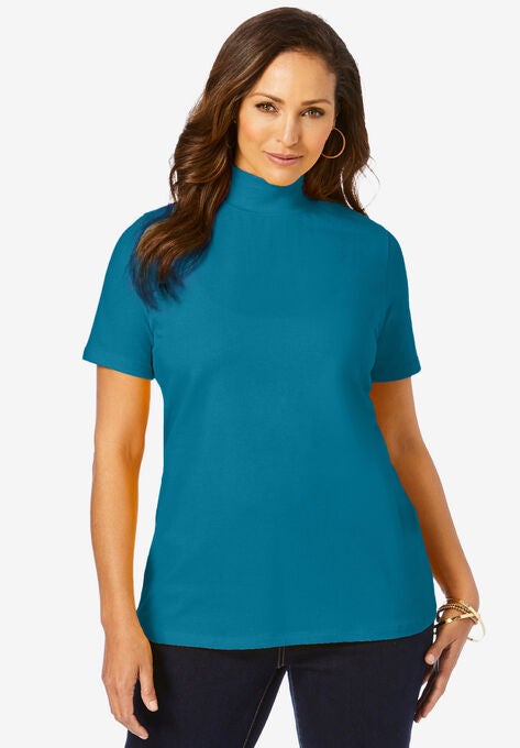 Short Sleeve Mock Neck, DEEP TEAL, hi-res image number null