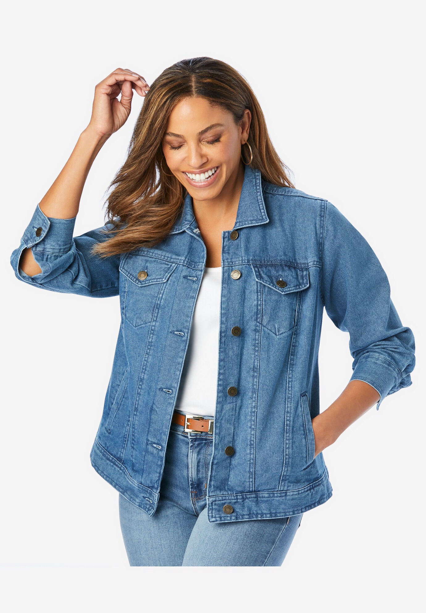 Woman within jean jacket outlet