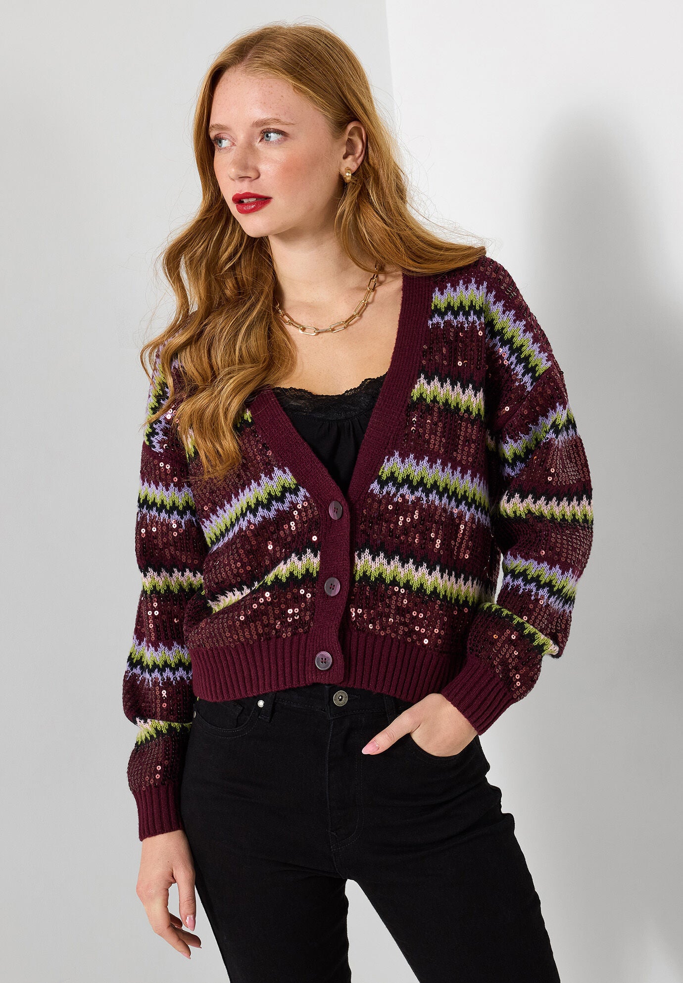 Sequin Sweater Cardigan, SEQUIN STRIPES, hi-res image number 0