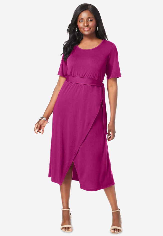 pink faux wrap dress Pink Faux Wrap Satin Gown With 3D Flower Straps
