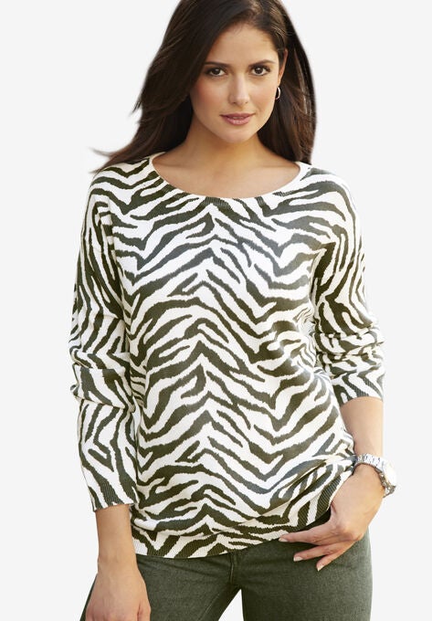 Crewneck Print Sweater, DARK OLIVE GREEN ZEBRA, hi-res image number null