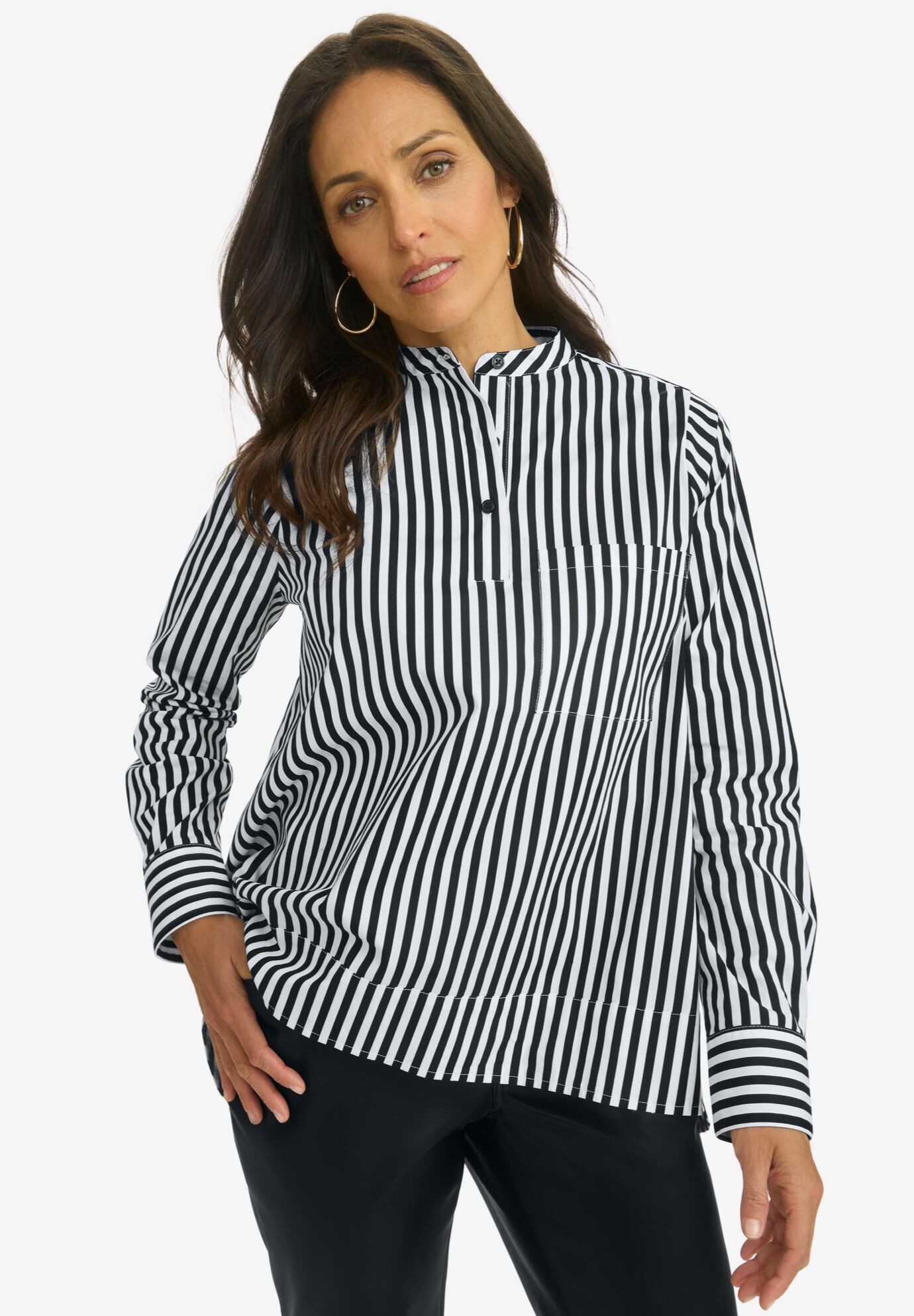 Poplin Hi-Low Henley Tunic, BLACK WHITE FEEDER STRIPE, hi-res image number 0