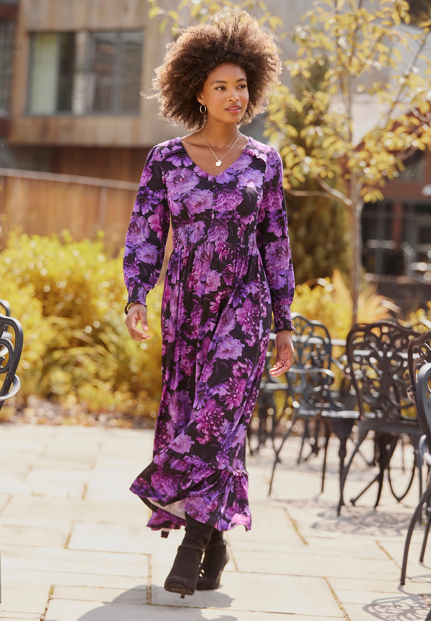 Stretch Knit Peasant Maxi Dress, PURPLE BLOSSOM, hi-res image number 0