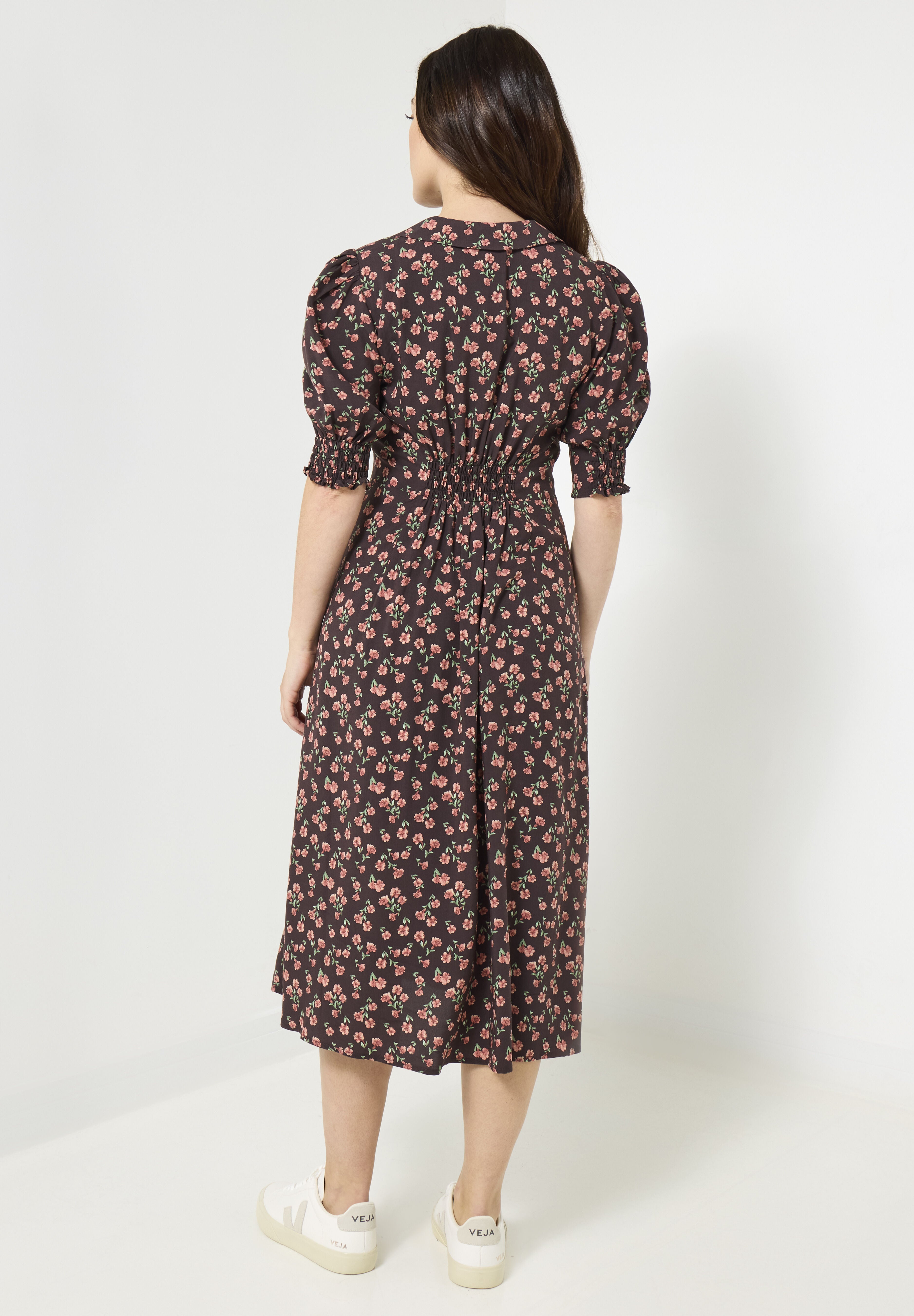 Puff Sleeve Midi Dress, ESPRESSO DITSY FLORAL, on-hover image number 1