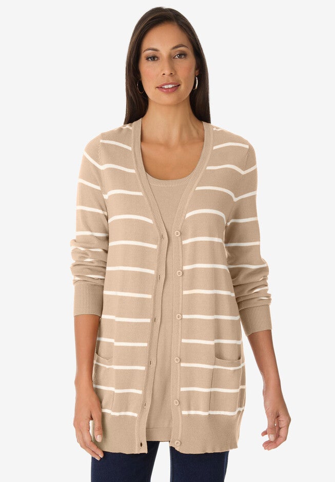 Long Cardigan, NEW KHAKI JACQUARD STRIPE, hi-res image number null