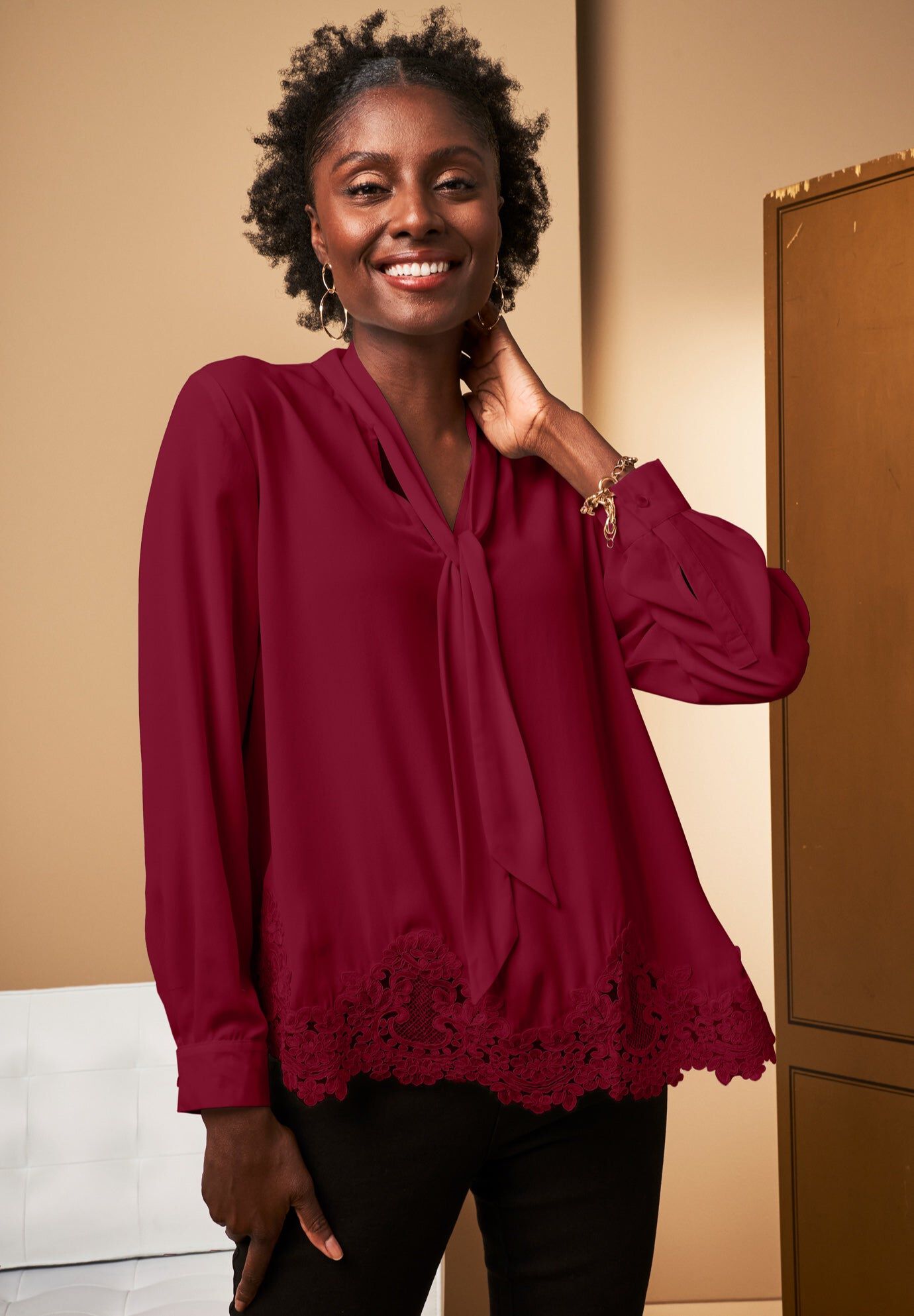 Lace Trim Bow Blouse, MERLOT, hi-res image number 0