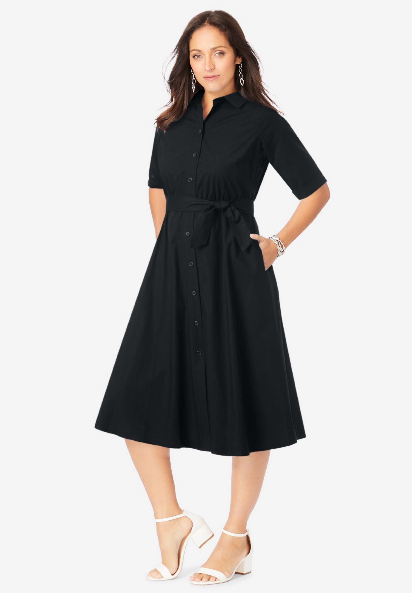 BLACK SHIRT COTTON POPLIN DRESS WITH OVAL HEM - ESSENTIALS