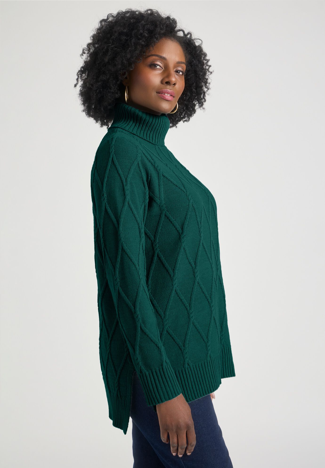 Cable Turtleneck Sweater, EMERALD GREEN, alternate image number 2