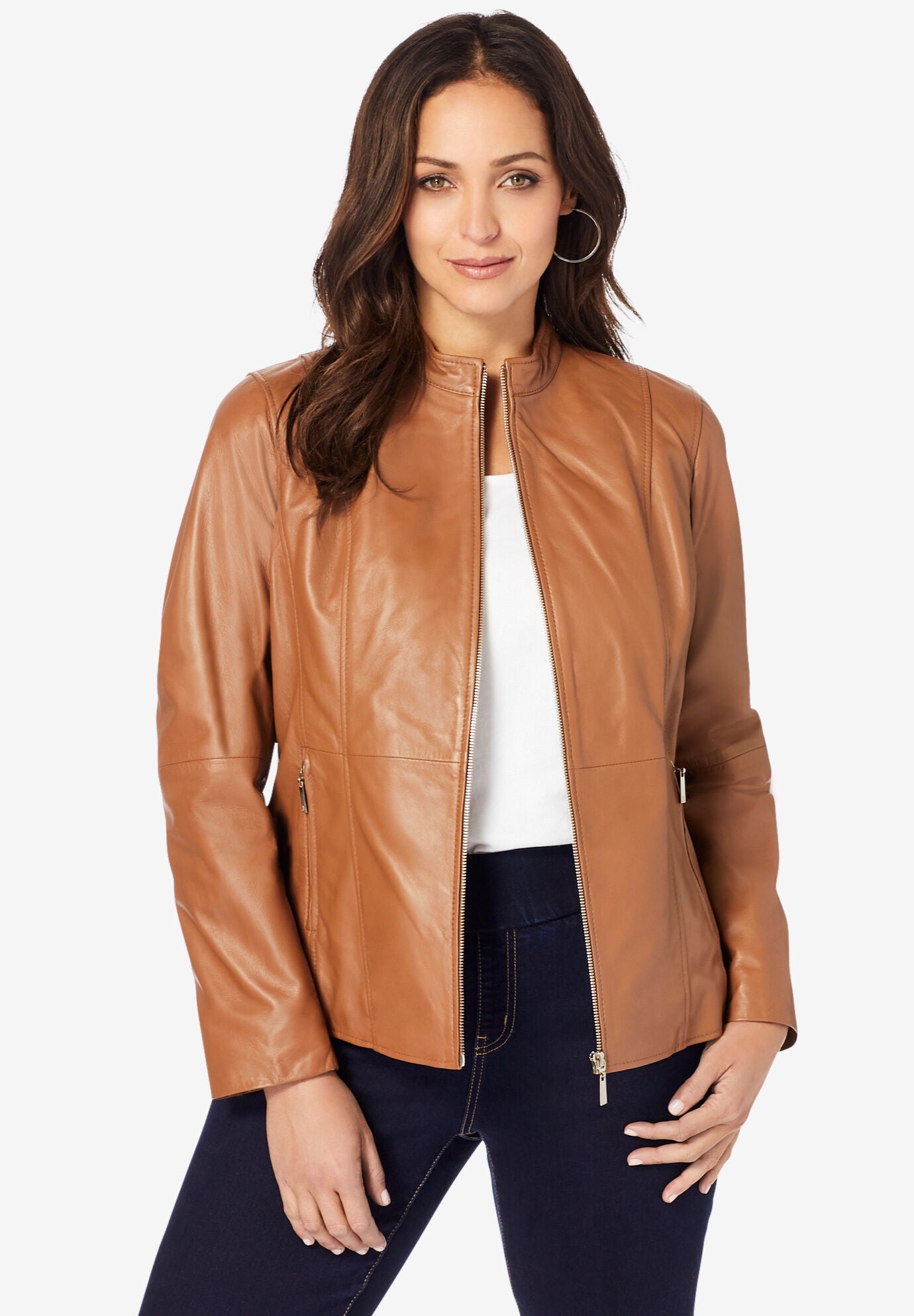 Zip Front Leather Jacket, COGNAC, hi-res image number 0