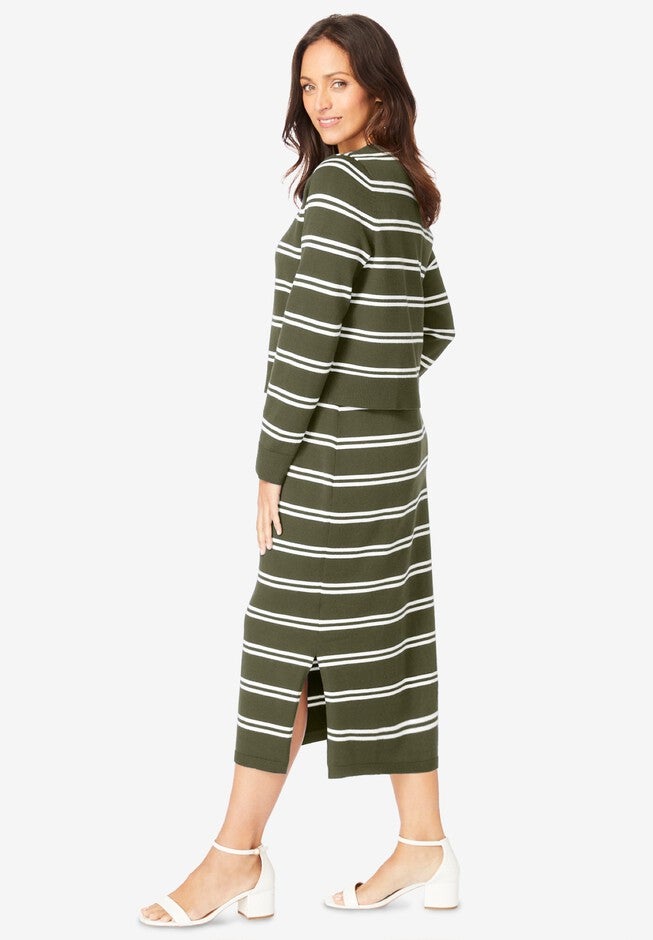 Two Piece Sweater Dress Set, OLIVE GREEN DOUBLE STRIPE, alternate image number 2