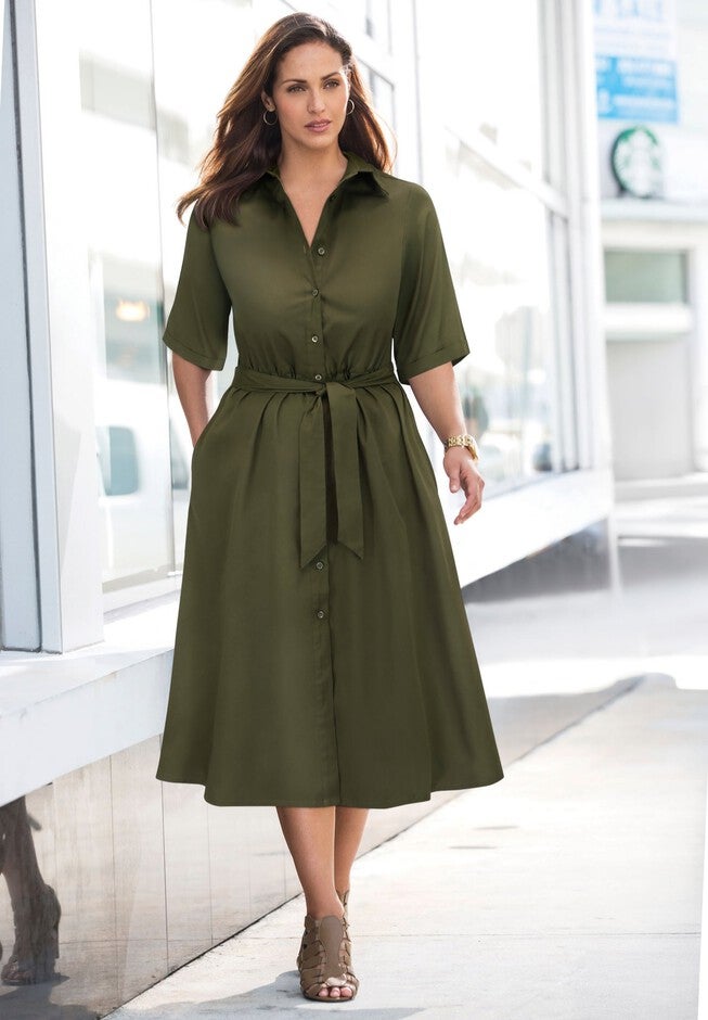 Soft Denim Shirtdress, DARK OLIVE GREEN, hi-res image number 0