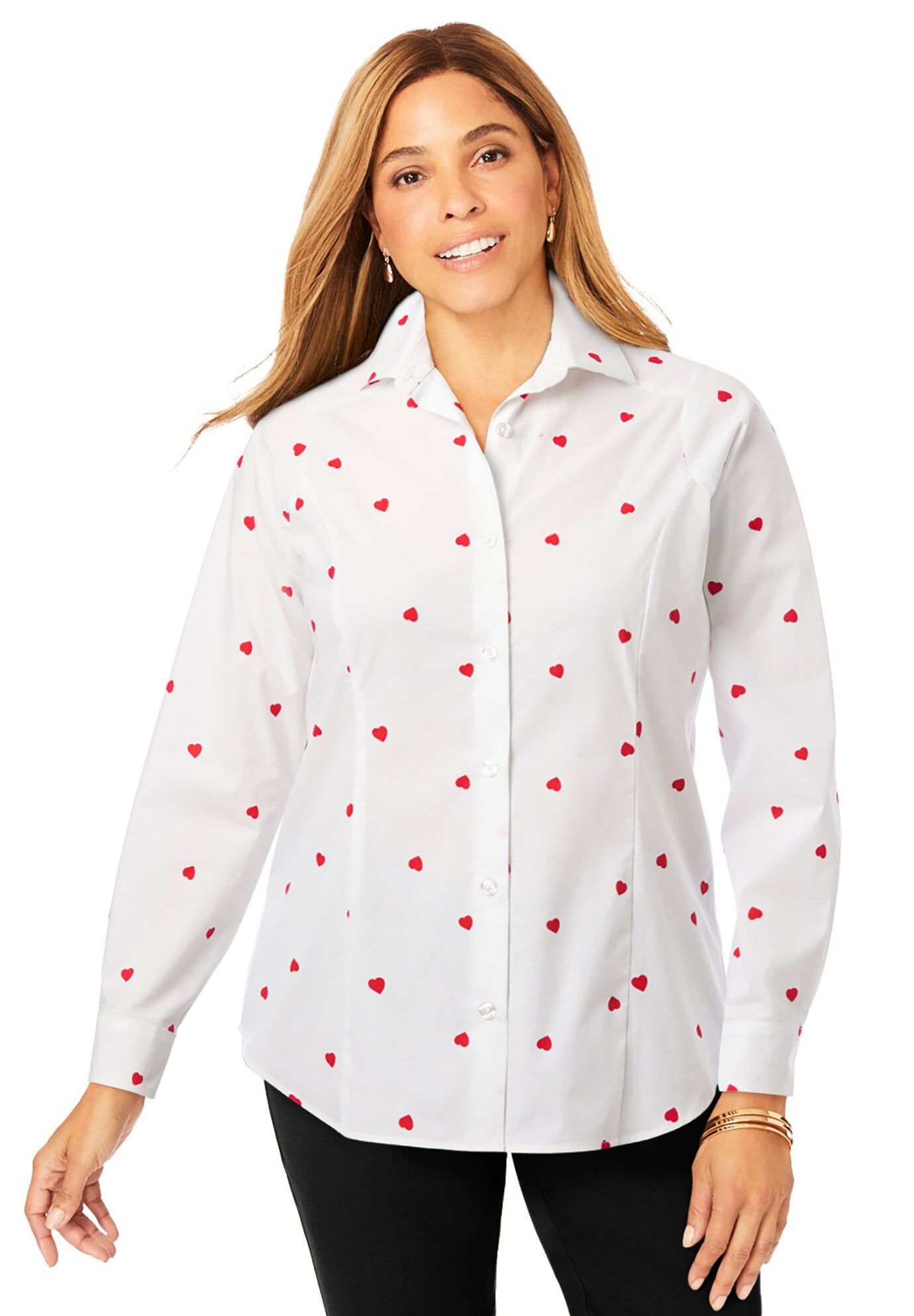 Stretch Cotton Poplin Shirt Button-Cuff Style, Red Tossed Hearts ...