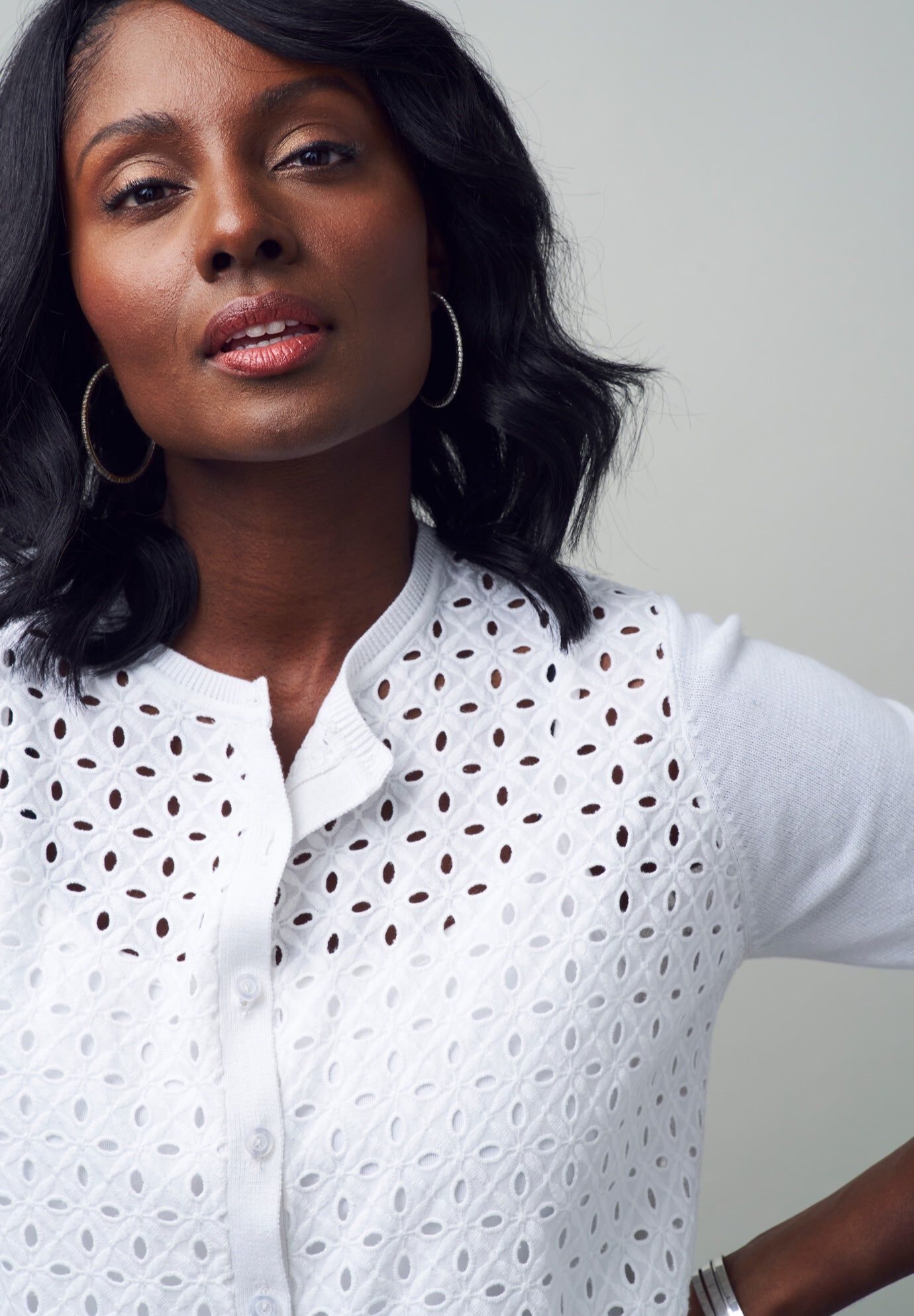 Fine Gauge Eyelet Cardigan, WHITE, hi-res image number 0