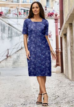 Stretch Cotton Square Neck Midi Dress