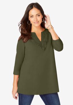 Stretch Cotton Crochet Notch Neck Tunic