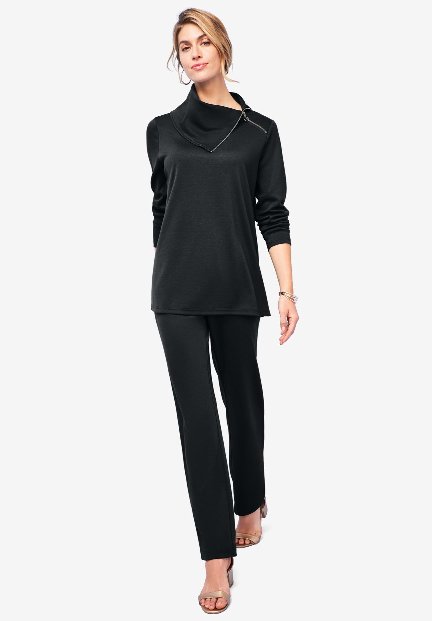 Ponte Split Neck 2-Piece Set, BLACK, hi-res image number 0