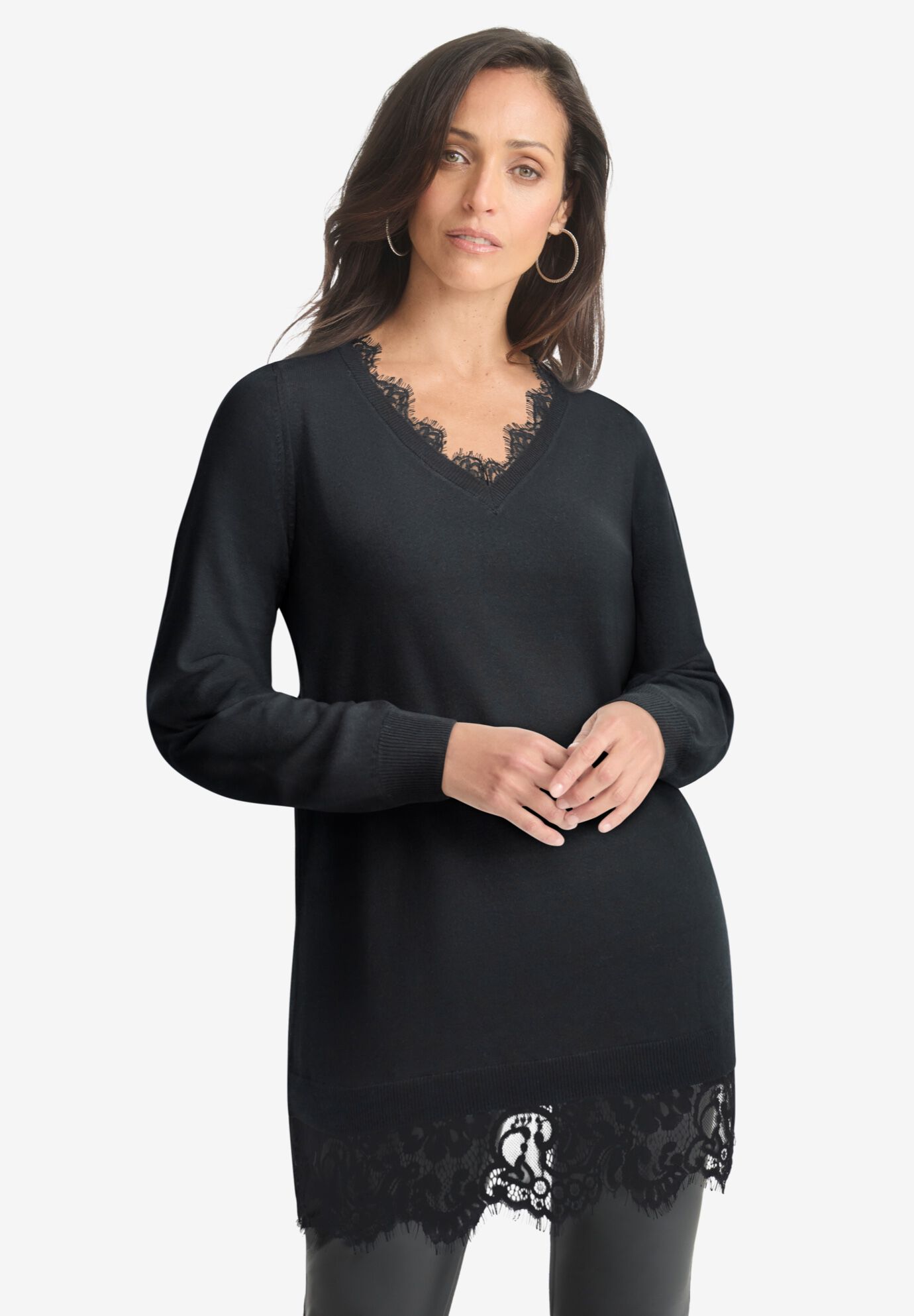 Lace Trim Pullover Sweater, BLACK, hi-res image number 0