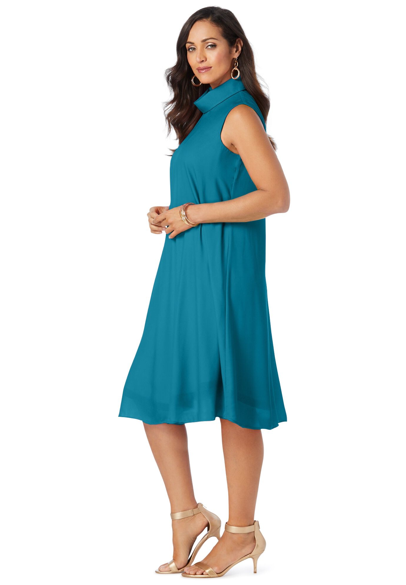 Georgette Mock Neck Dress, DEEP TEAL, alternate image number 2