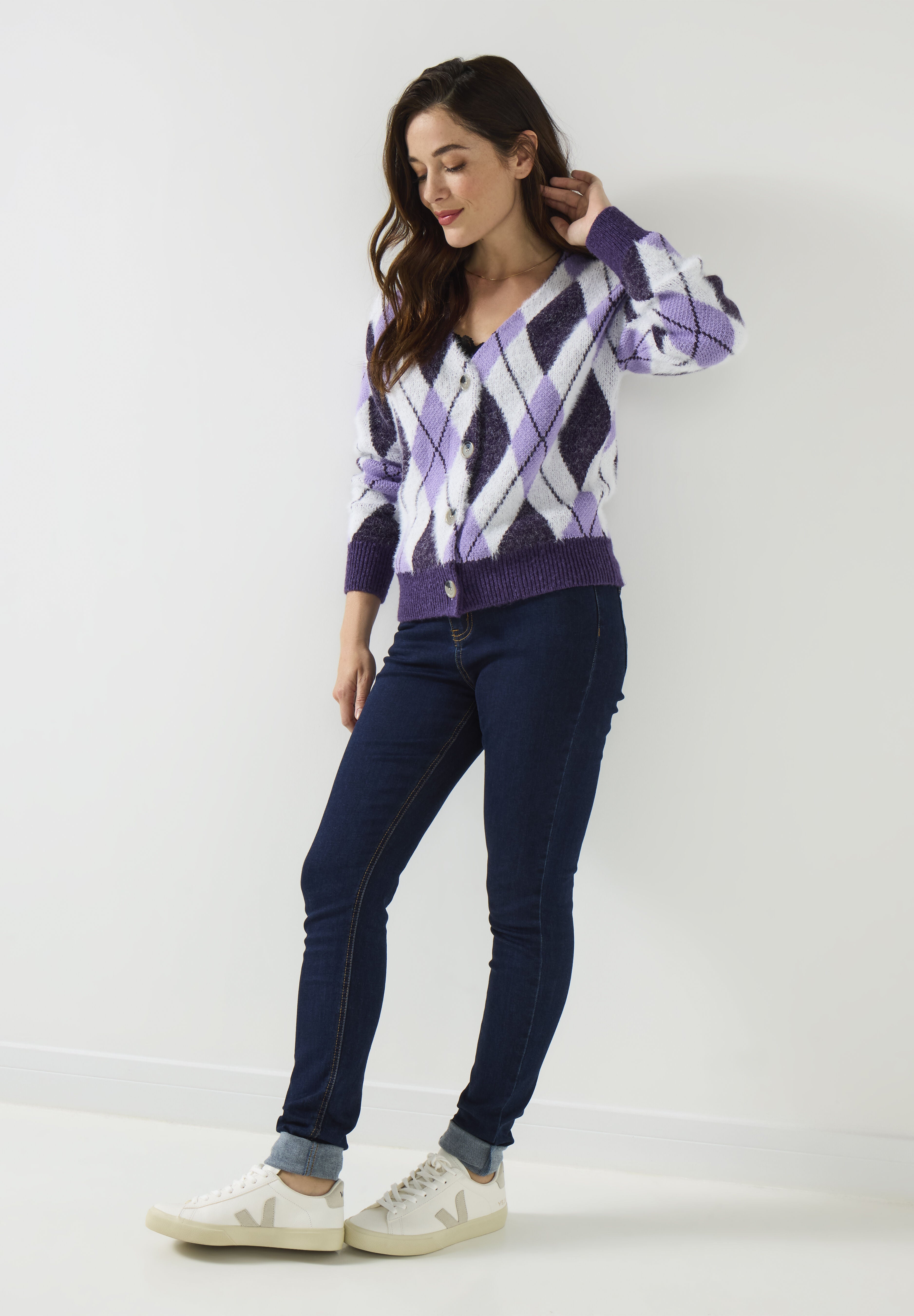Fuzzy V-Neck Cardigan, VIOLET ARGYLE, alternate image number 5