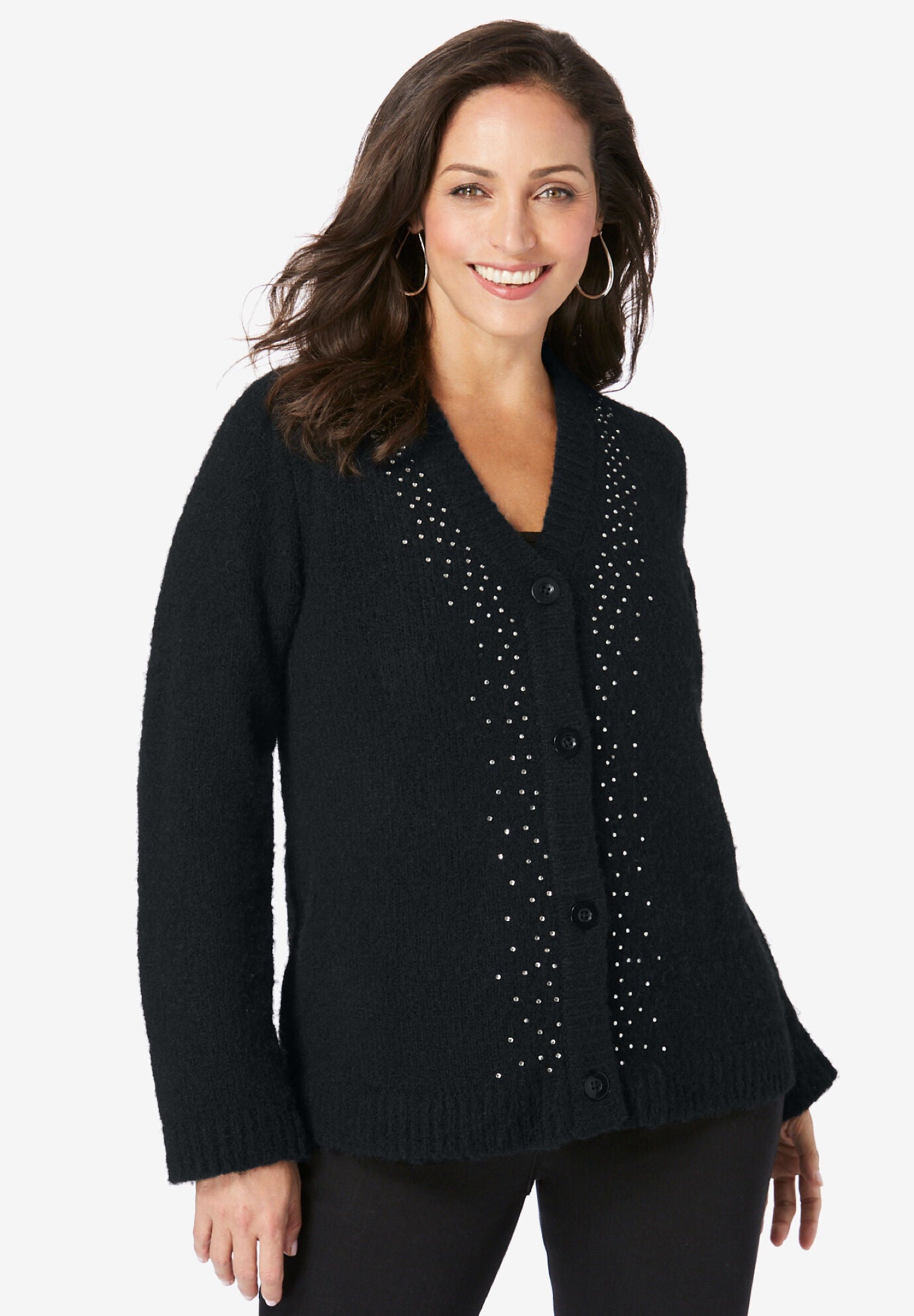 Embellished Mohair Cardigan with Rhinestones, Black Shimmer Border Woman Within