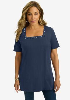 Stretch Cotton Studded Square Neck Tunic