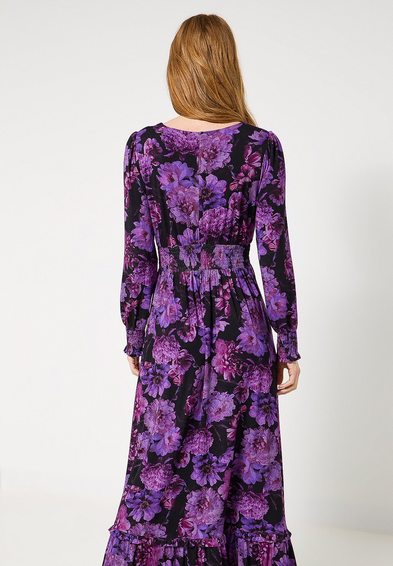 Stretch Knit Peasant Maxi Dress, PURPLE BLOSSOM, on-hover image number 1