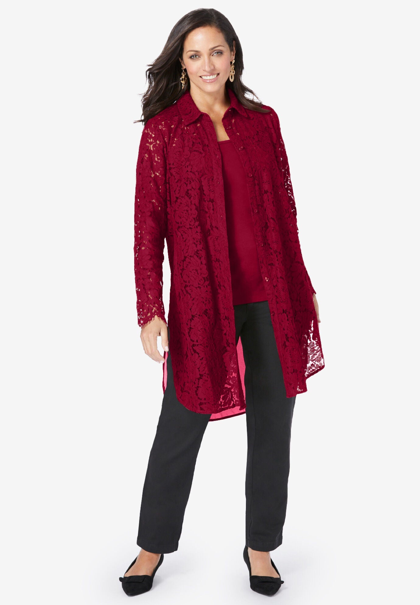 Lace Mega Tunic - Button Front, Relaxed Fit, Black | Woman Within