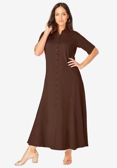 Stretch Cotton Button Front Maxi Dress