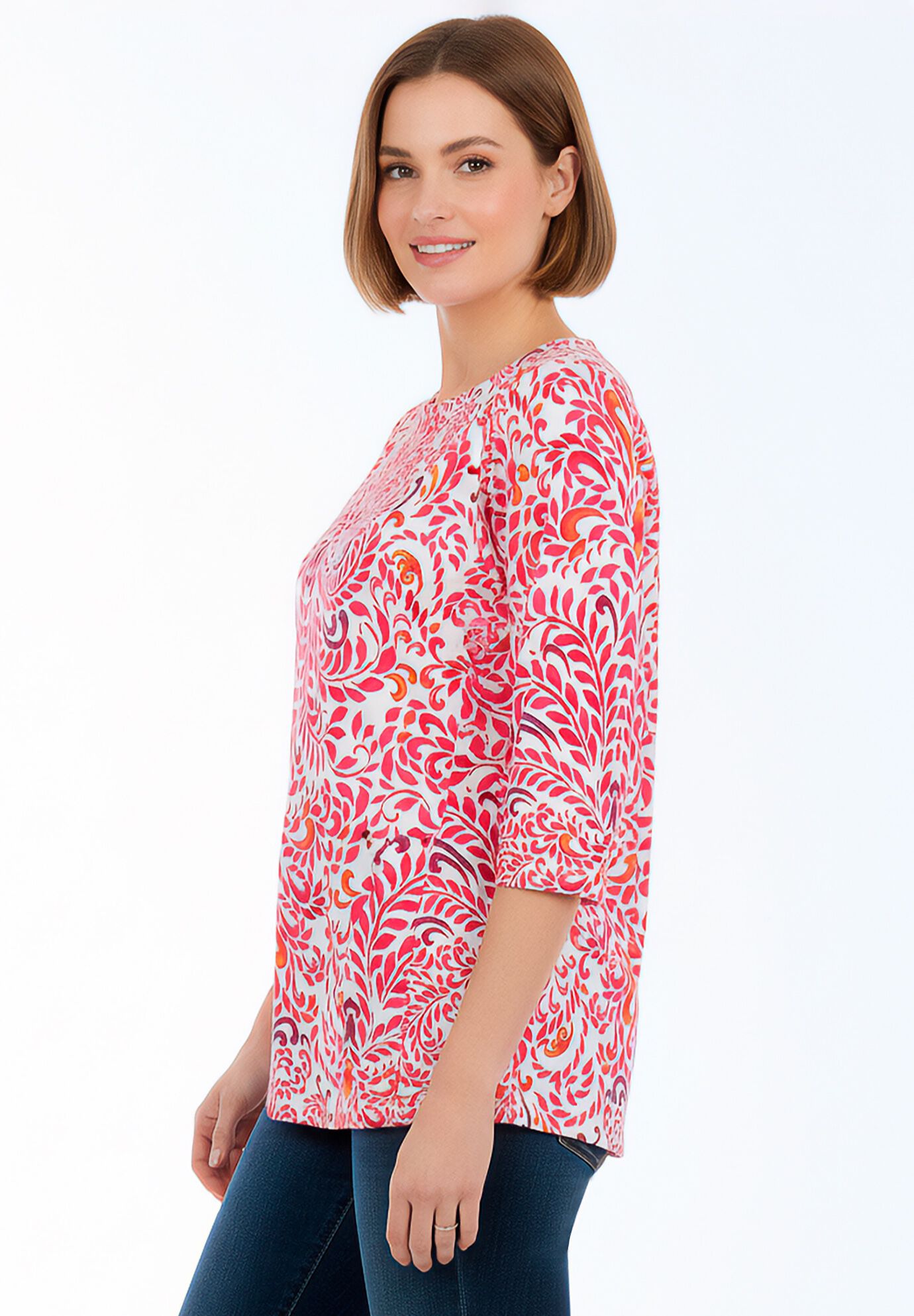 Stretch Cotton Boatneck Tunic, PINK BURST PAINTED SCROLL, alternate image number 2