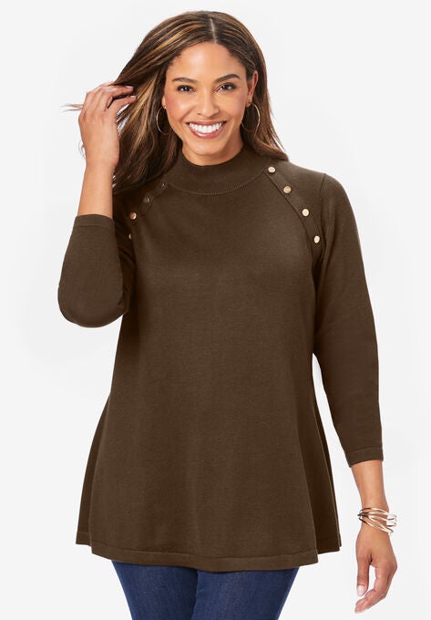Gold Button Mockneck Sweater, CHOCOLATE, hi-res image number null