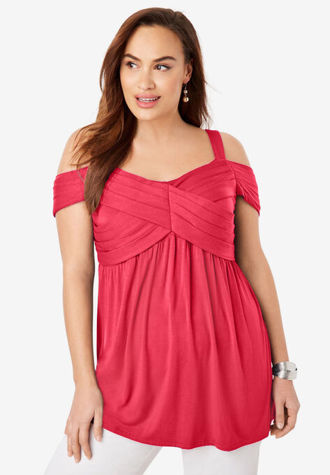 Cold Shoulder Pleat Tunic, VIBRANT WATERMELON, hi-res image number null