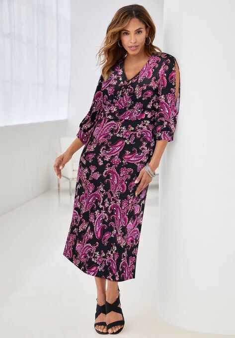 Slit Sleeve Midi Dress, , alternate image number null