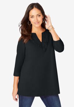 Stretch Cotton Crochet Notch Neck Tunic