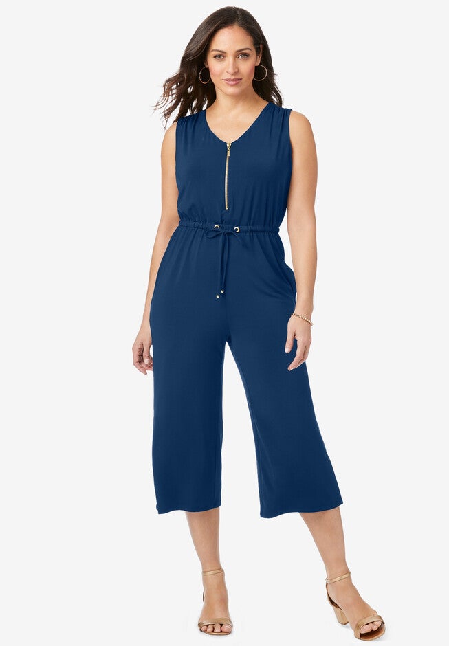 Cropped Wide-Leg Jumpsuit, NAVY, hi-res image number 0