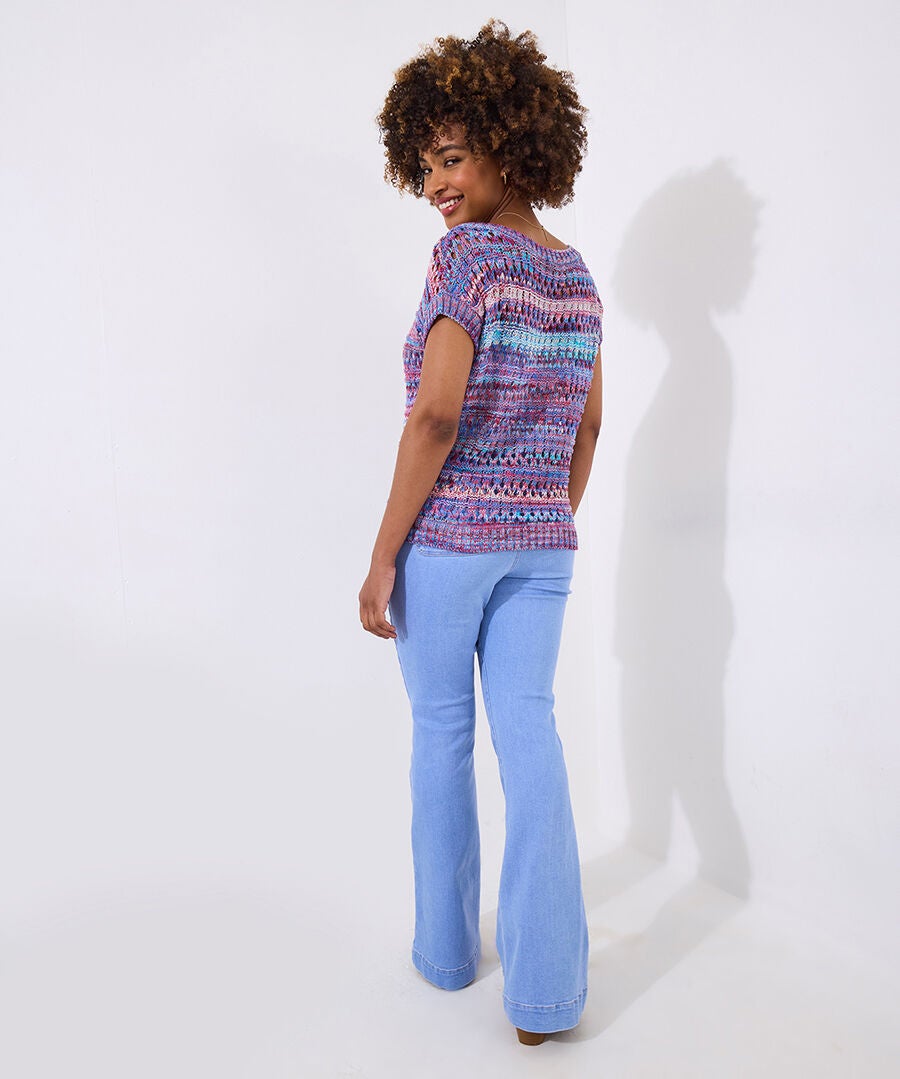 Short Sleeve Pointelle Sweater, MULTICOLOR STRIPE, on-hover image number 1