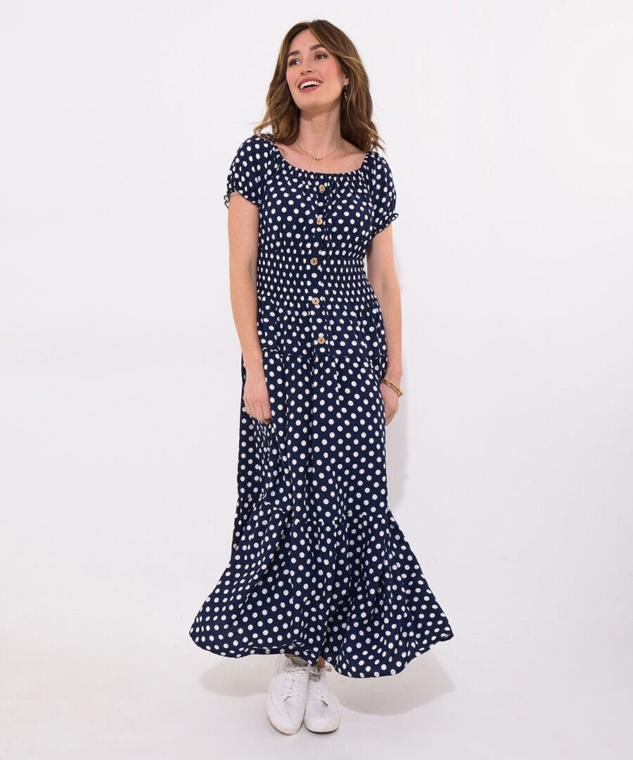 Square Neck Smocked Maxi Dress, RETRO POLKA DOT, hi-res image number 0