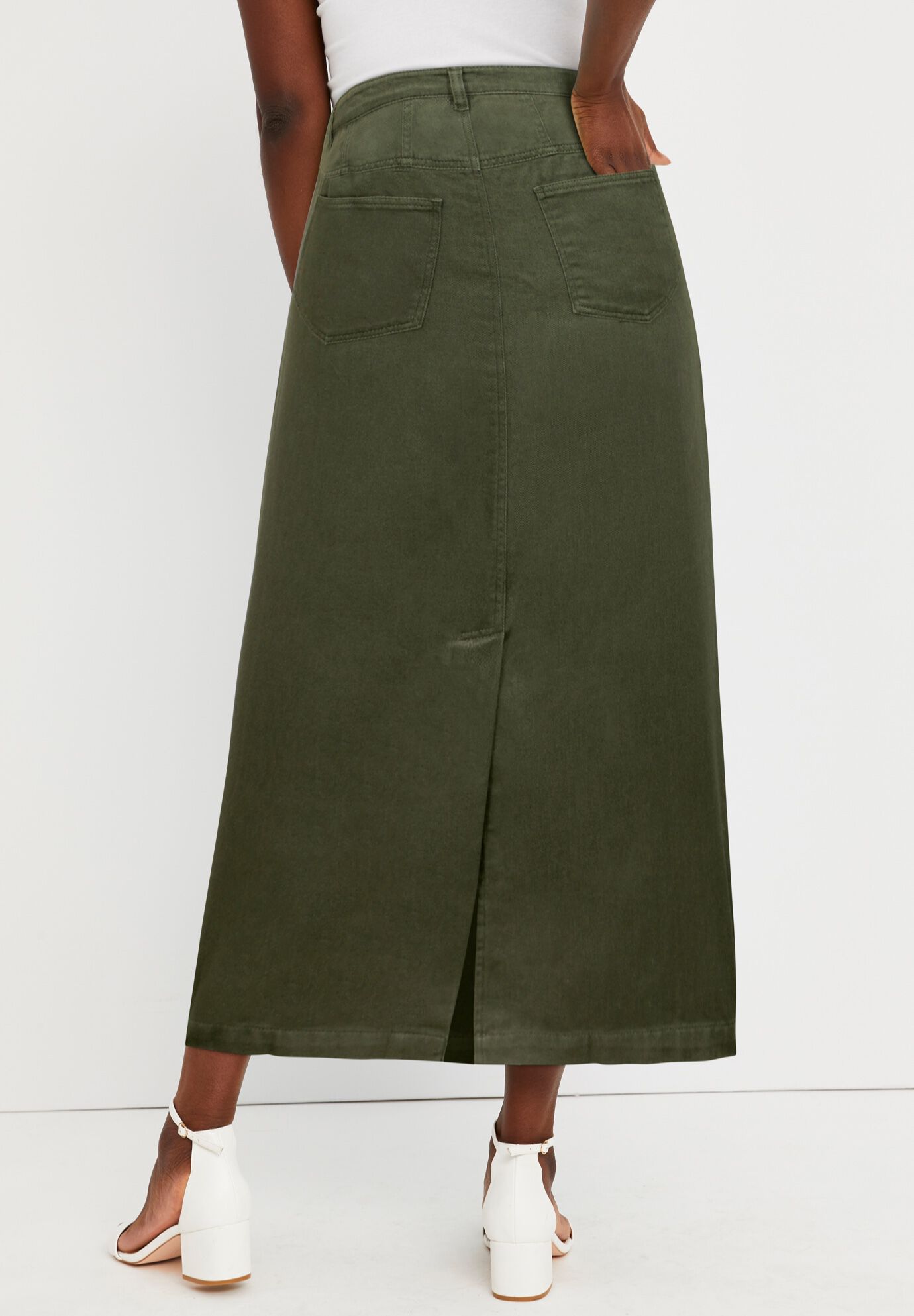 Classic Cotton Denim Midi Skirt, DARK OLIVE GREEN, alternate image number 2