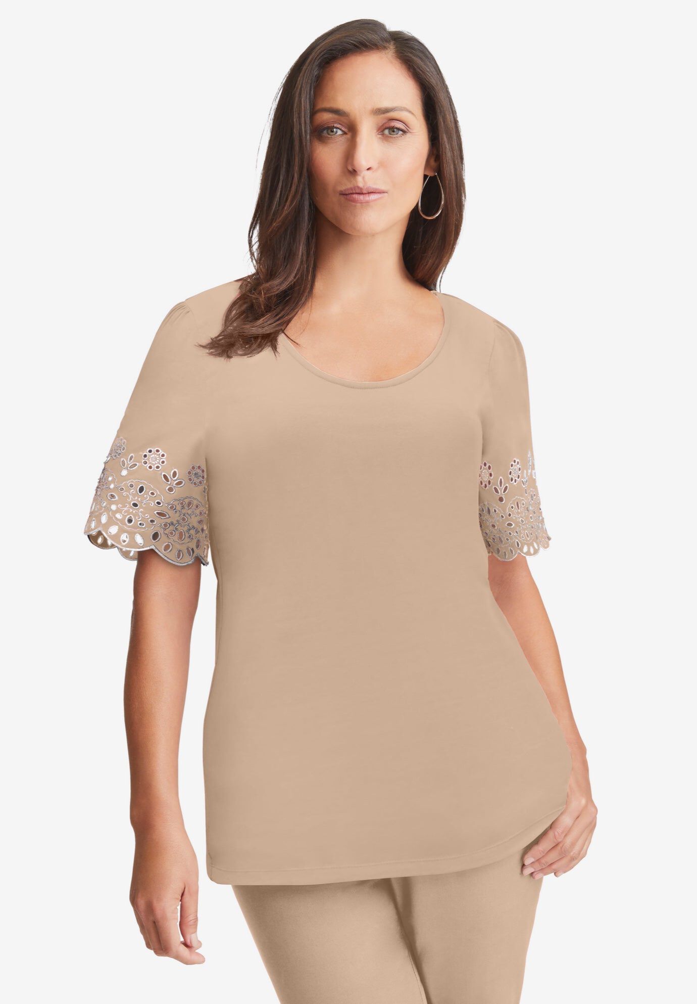 Eyelet Scoop-Neck Tee, NEW KHAKI MEDALLION EMBROIDERY, hi-res image number 0