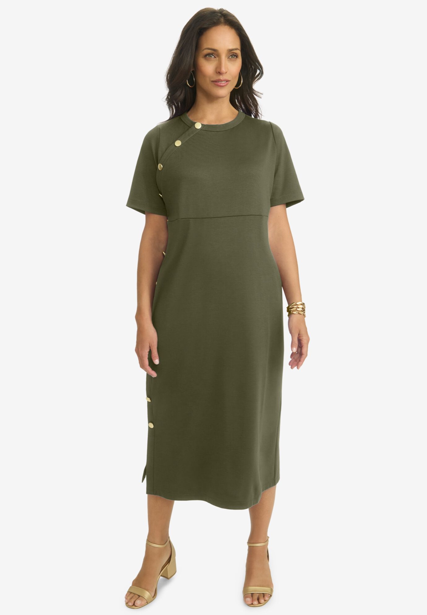 Side Button Midi Dress, DARK OLIVE GREEN, hi-res image number 0