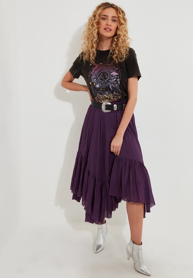 Handkerchief Hem Crinkle Midi Skirt, WINEBERRY, hi-res image number null