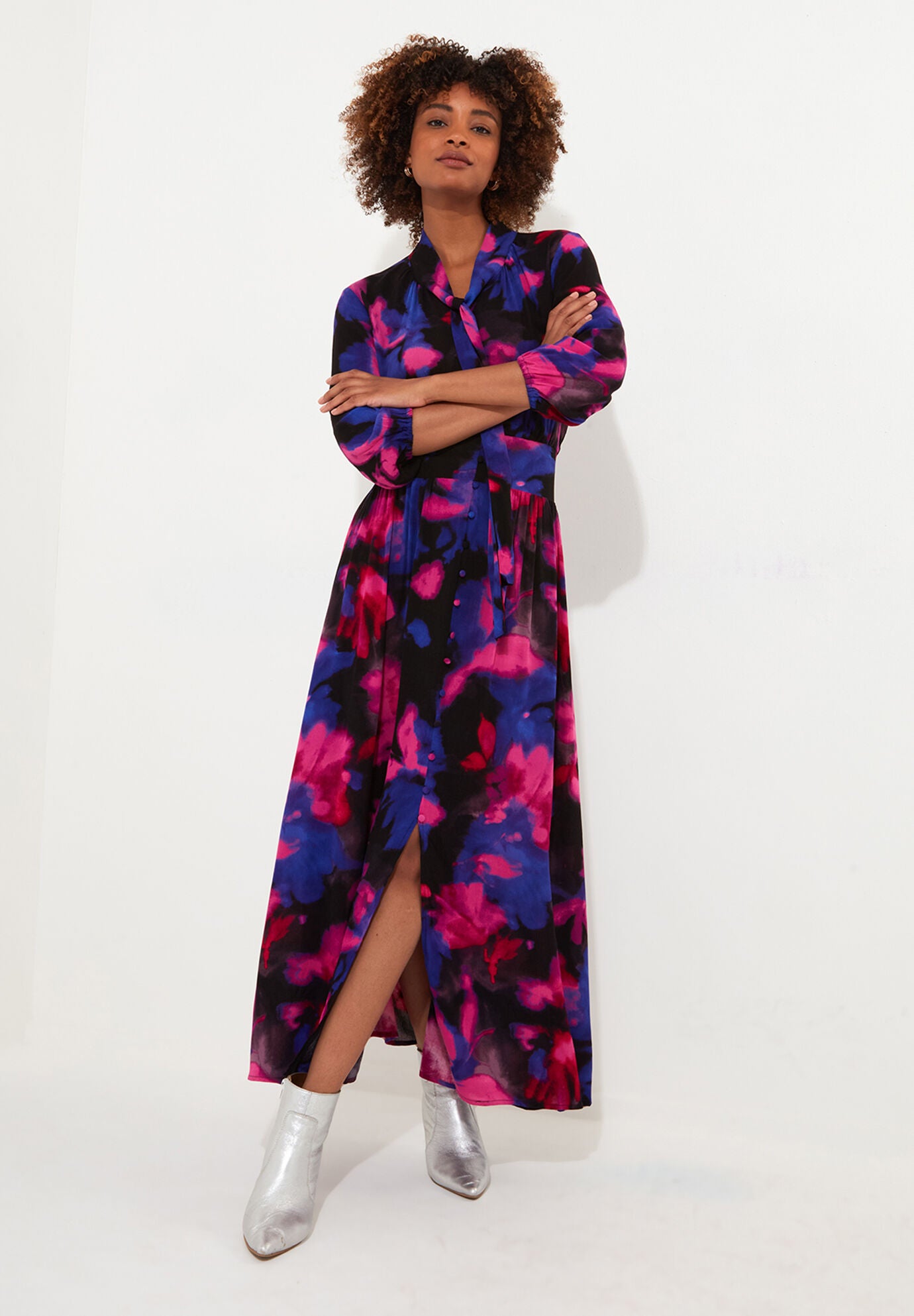 Tie Neck Printed Maxi Dress, WATERCOLOR FLORAL, alternate image number 5