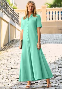Stretch Cotton Button Front Maxi Dress