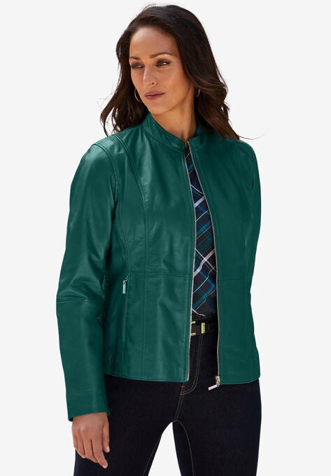 Zip Front Leather Jacket, EMERALD GREEN, hi-res image number null