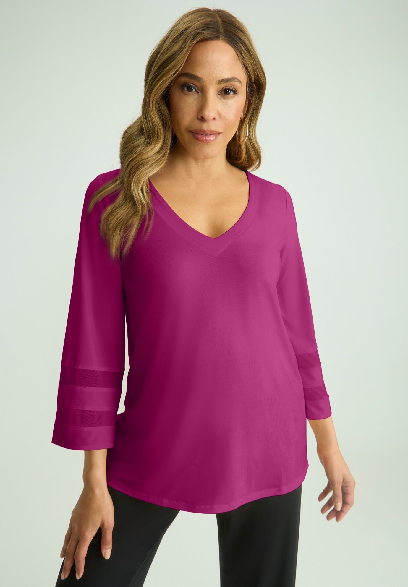 Stretch Knit Mesh Inset Sleeve Tunic, RASPBERRY, hi-res image number 0