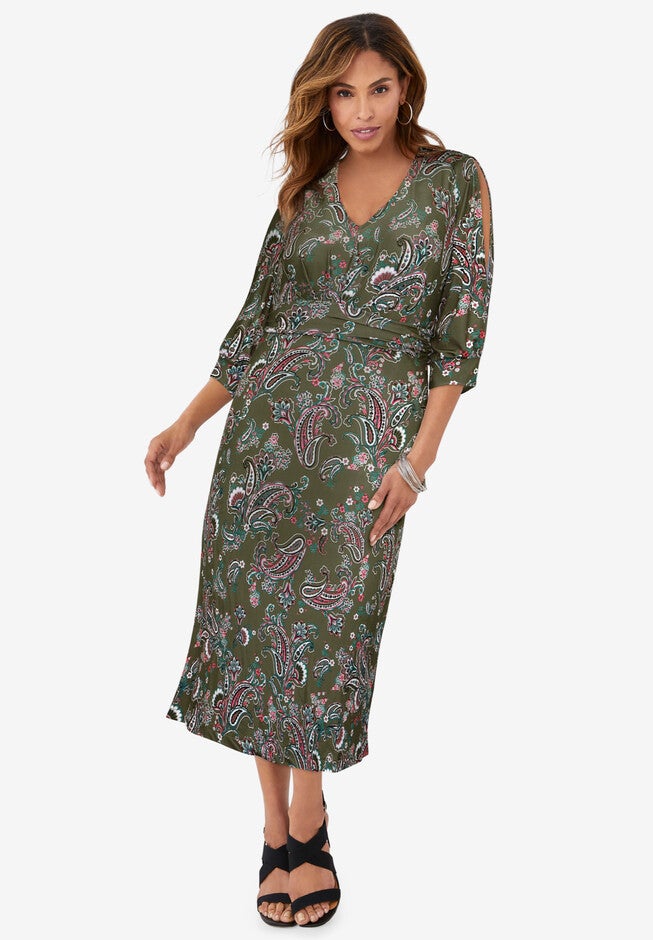 Stretch Knit Slit Sleeve Midi Dress, DARK OLIVE GREEN SHADOW PAISLEY, hi-res image number null